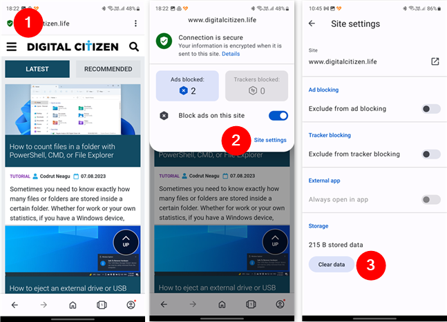 How to check and clear the cookies of a website in Opera for Android