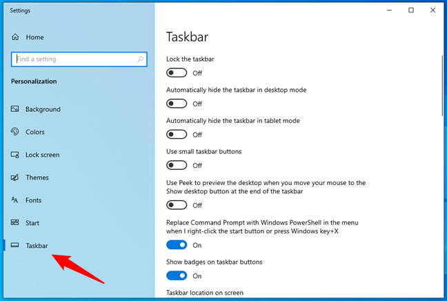 The Taskbar page in Windows 10's Settings