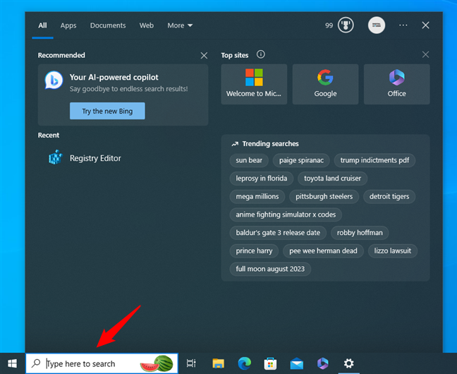 The search box on the taskbar in Windows 10