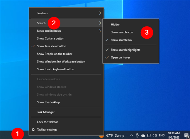 Change the search bar to an icon or hide it from the taskbar
