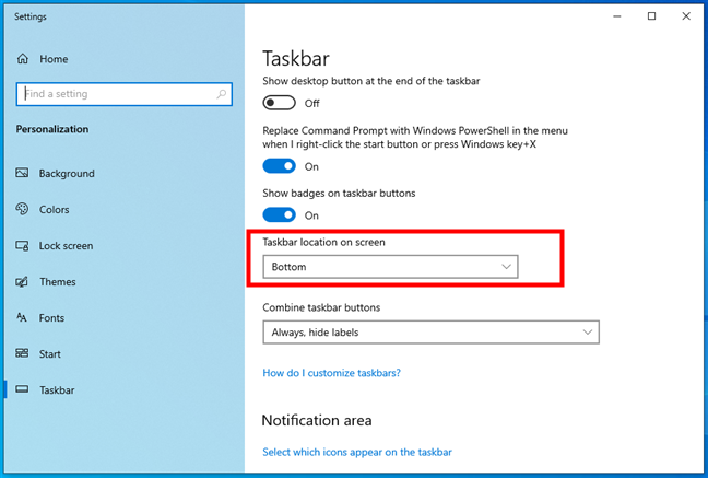 Taskbar location on screen