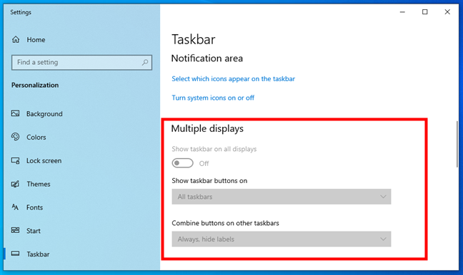 Multiple displays options for the Windows 10 taskbar