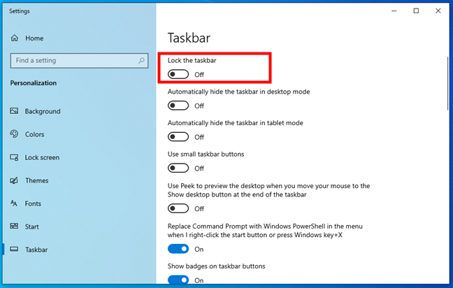 The Lock the taskbar switch