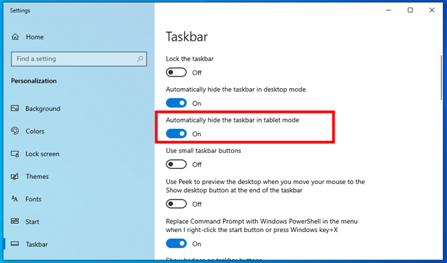 Hide the taskbar in Windows 10's tablet mode