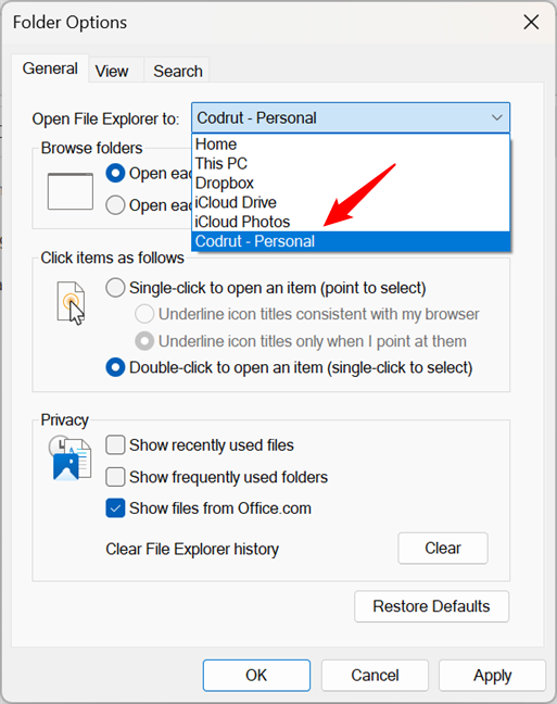 Open OneDrive in File Explorer by default
