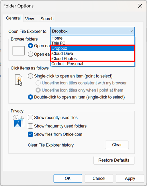 Open Dropbox or iCloud in File Explorer by default