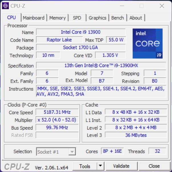 CPU specifications shown by CPU-Z
