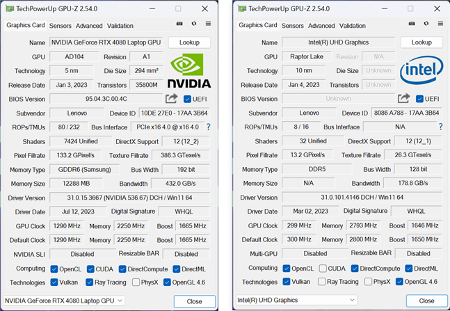 GPU specs for the Lenovo Legion Pro 7