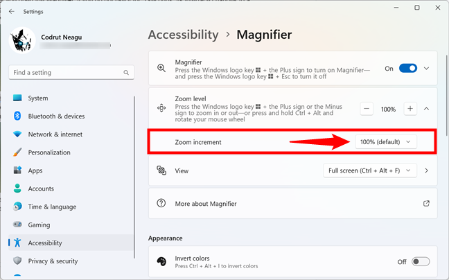 The Zoom increment option