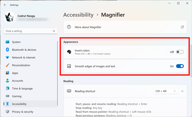 Appearance settings for Magnifier