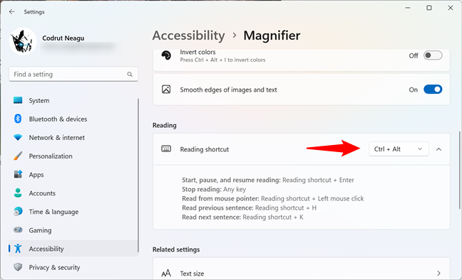 The Reading shortcut used by Magnifier