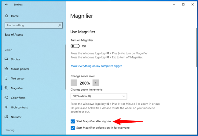 How to start Magnifier after sign-in in Windows 10