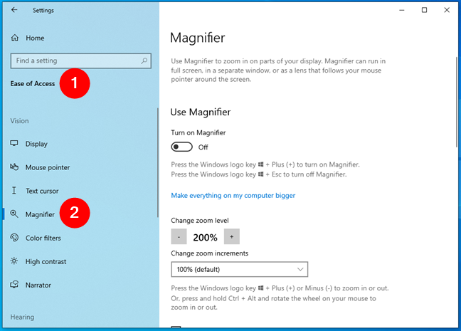 Settings > Ease of Access is where you can find the Magnifier tool in Windows 10