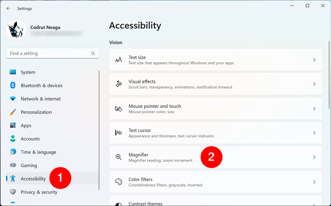 Settings > Accessibility is where you can find the Magnifier tool in Windows 11