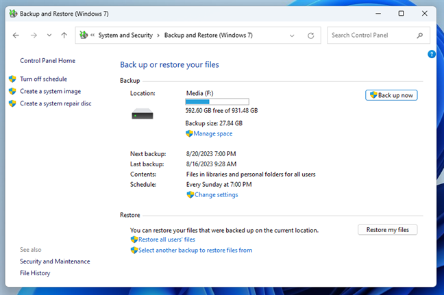 The Backup and Restore (Windows 7) tool