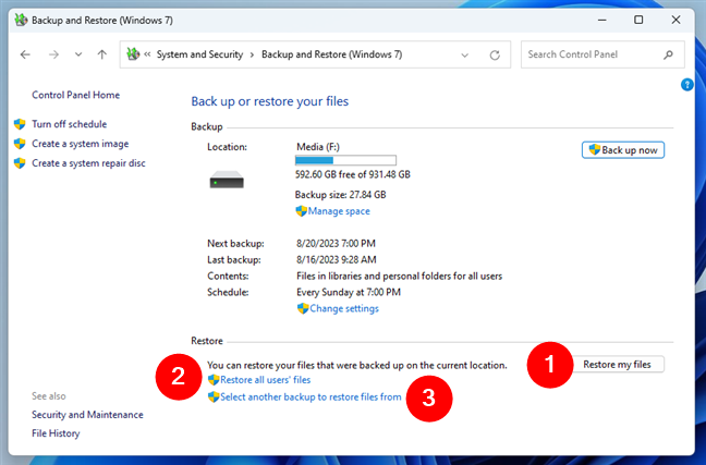 Recovery options in Windows' Backup and Restore