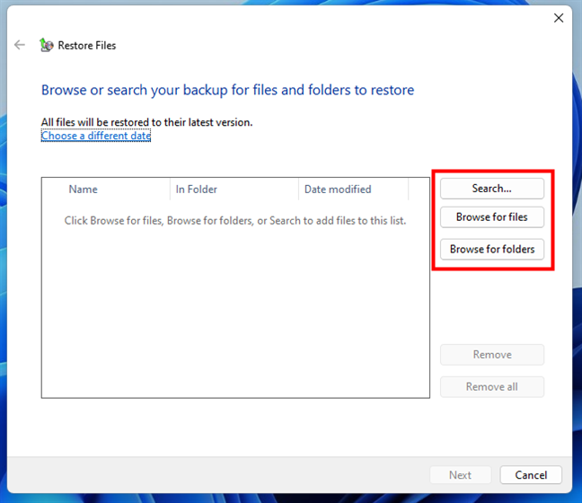Browse or search the backup for files and folders to restore