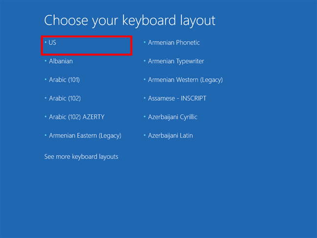 The system repair disc starts with choosing a keyboard layout