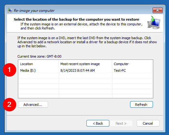 Options for choosing the backup system image