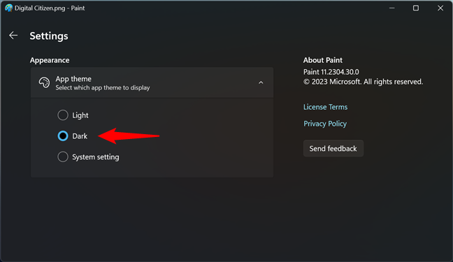 Dark mode for Paint in Windows 11