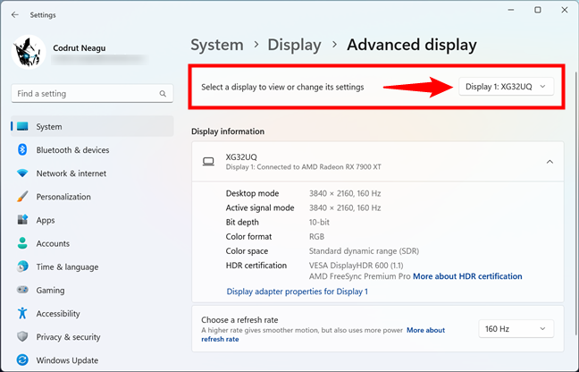 Select a display to view or change its settings