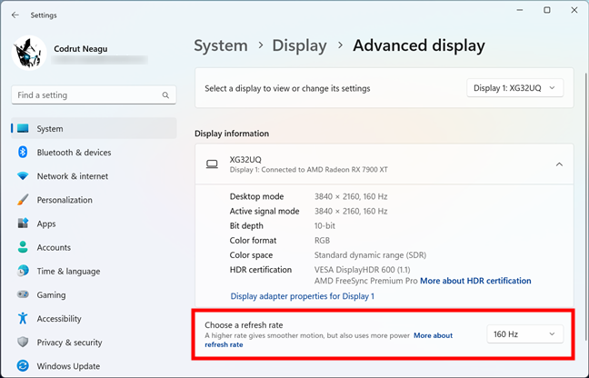 Where to find the refresh rate in Windows 11