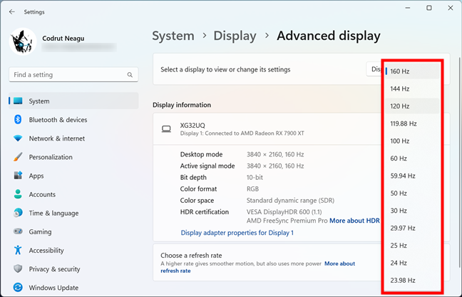 How to change the refresh rate in Windows 11