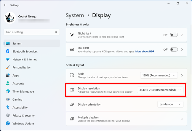 The current Display resolution in Windows 11