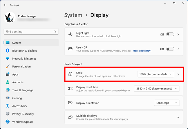 The Scale section in Windows 11's Settings