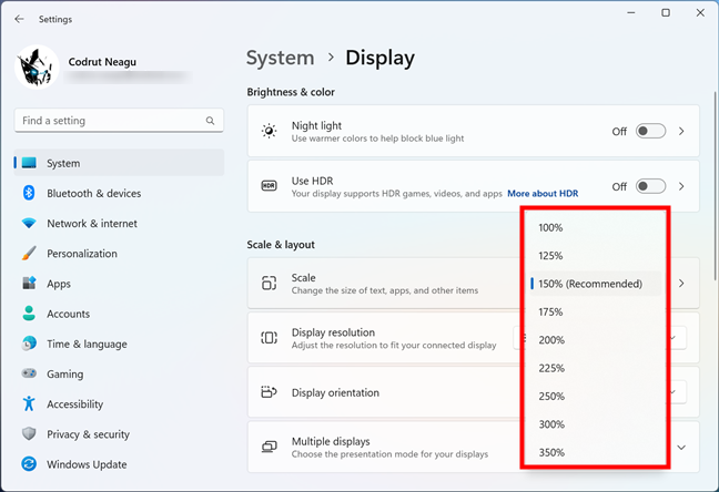 Display scaling options in Windows 11