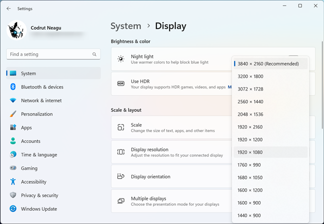 Resolutions available on a Windows 11 PC with a 4K display