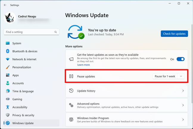 How to Pause updates in Windows 11