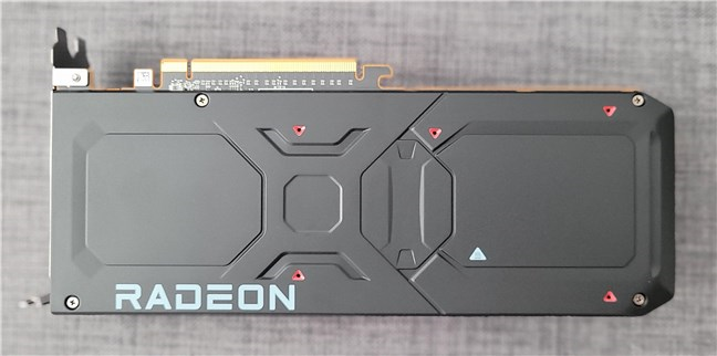 The metal backplate of the AMD Radeon RX 7800 XT
