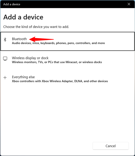 Select Bluetooth in the list of options