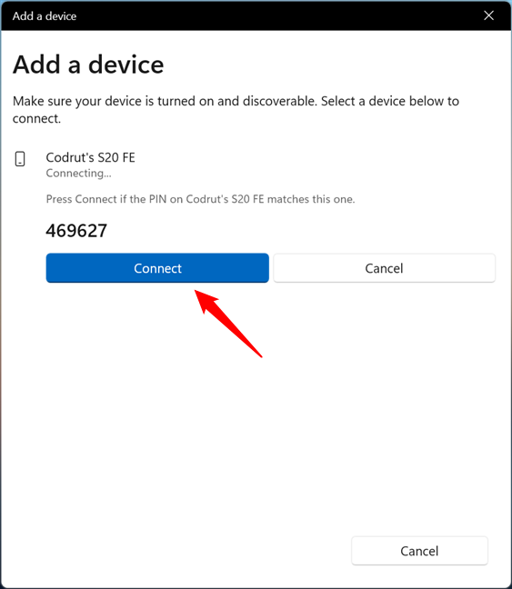 Click or tap Connect in Windows 11