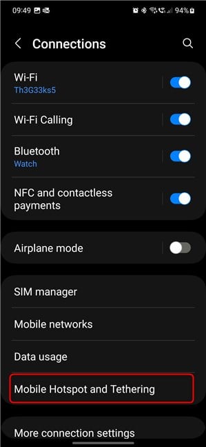 Go to Mobile Hotspot and Tethering