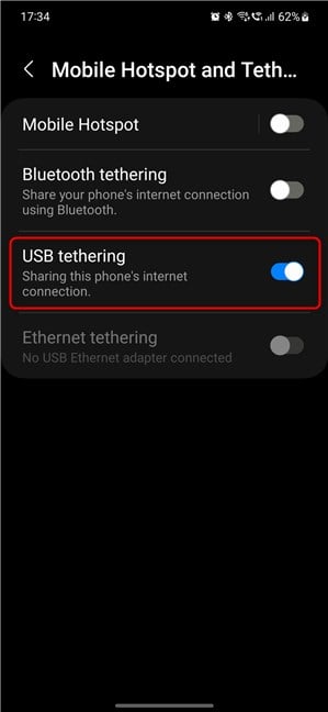 Turn on USB tethering