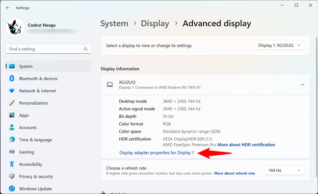 The Display adapter properties link