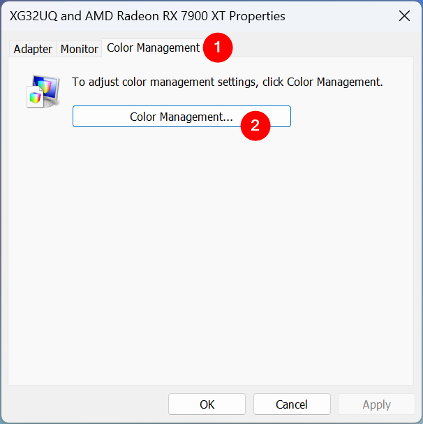 The Color Management button from the monitorâs Properties window