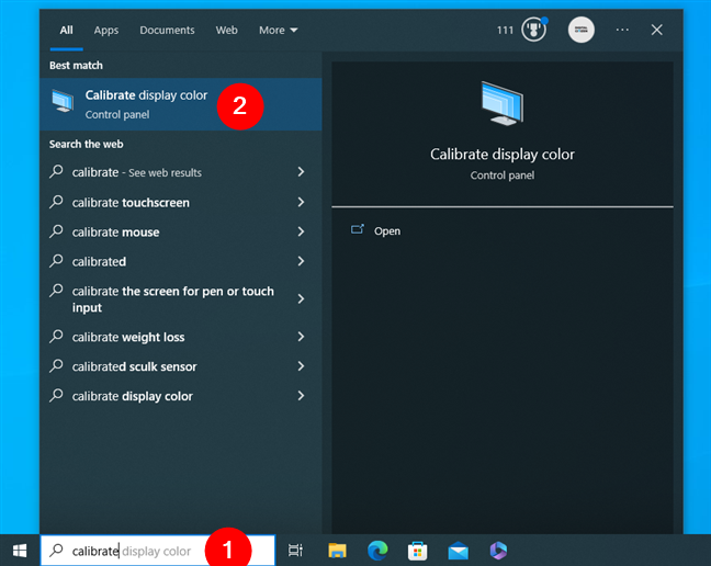 Searching for Calibrate display color in Windows 10