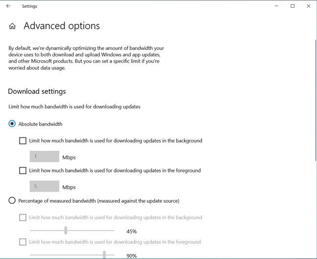 Set the bandwidth limits for Delivery Optimization in Windows 10