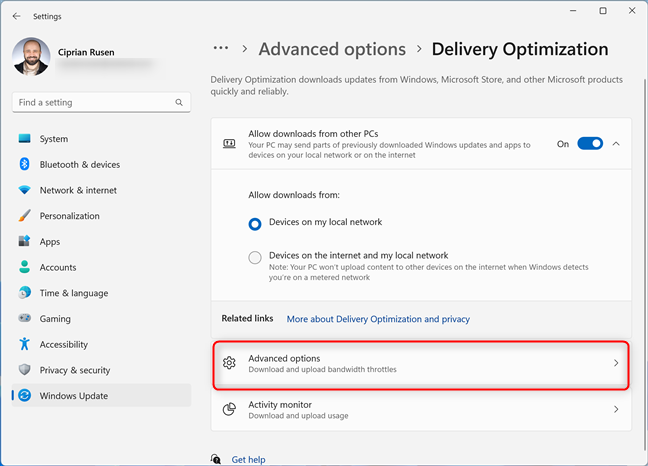 In Delivery Optimization, go to Advanced options
