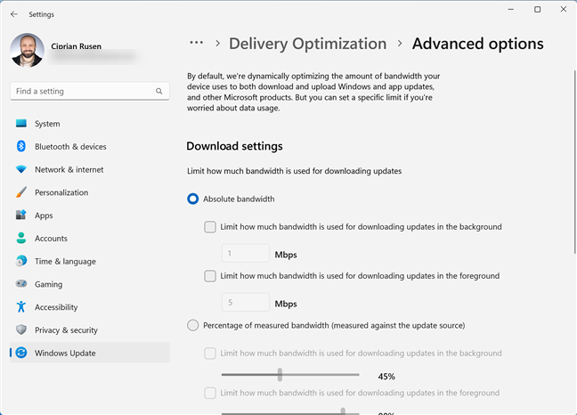 Set the bandwidth limits for Delivery Optimization in Windows 11