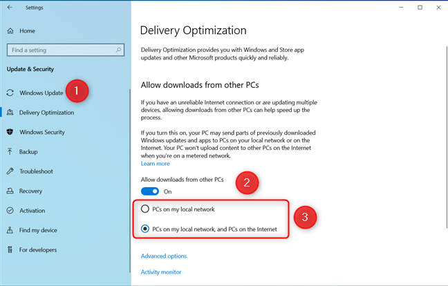 Turn on Delivery Optimization in Windows 10