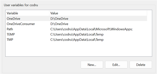 Windows environment User variables