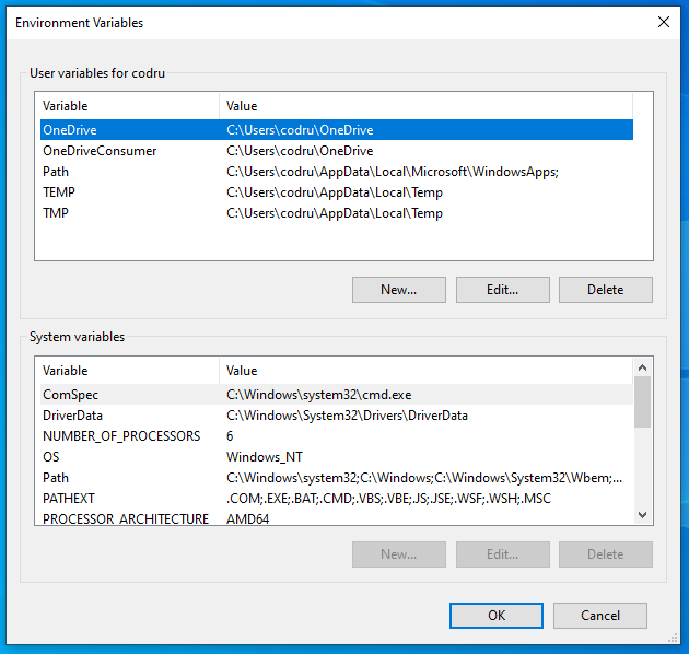 Environment Variables window in Windows 10