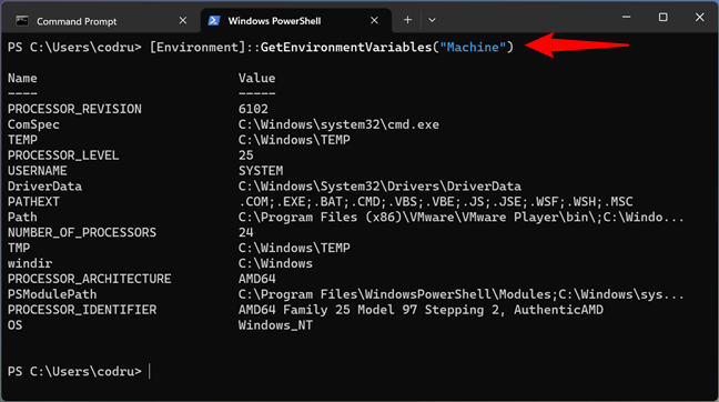 How to see the system Windows environment variables in PowerShell