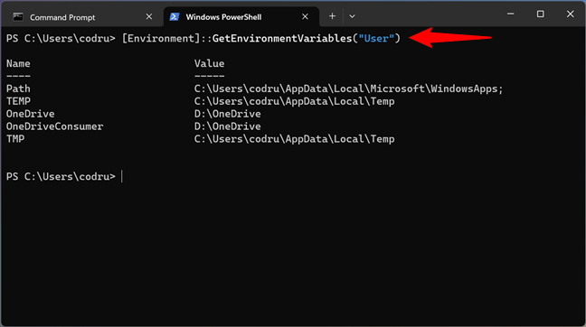 How to see the user's Windows environment variables in PowerShell