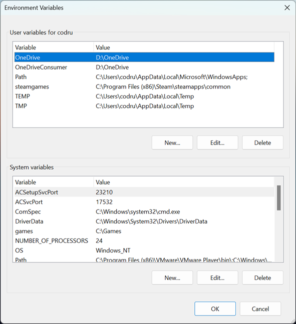 Environment user and system variables in Windows
