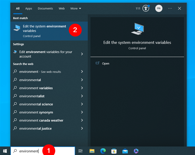 How to open the Environment Variables in Windows 10